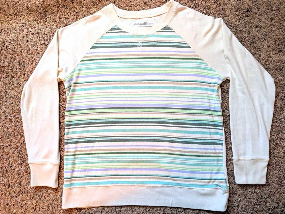 Eddie Bauer Women's L Knit Pullover Longsleeve White Multicolor Stripe Crewneck